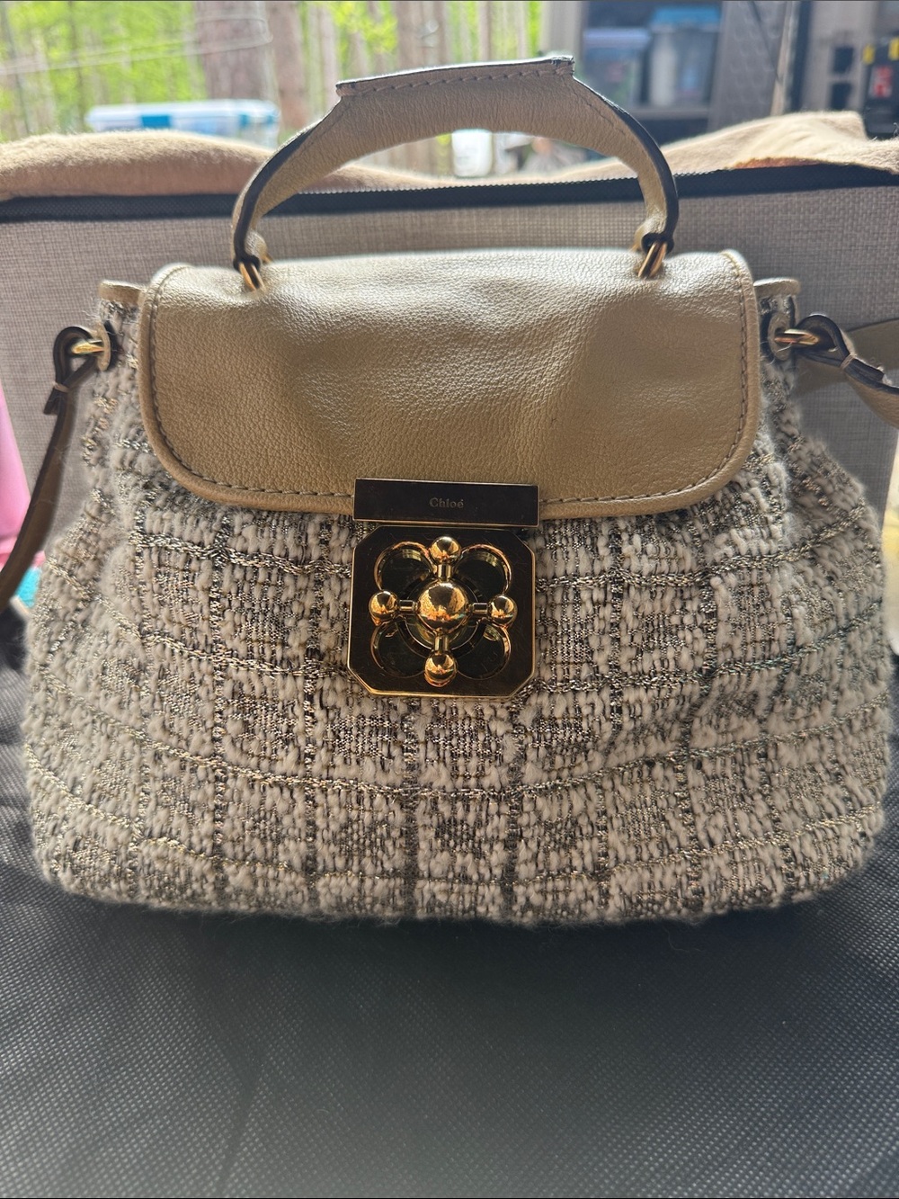 Chloé Tweed & Satchel Crossbody with Beige Leather Flap and Gold Hardware
